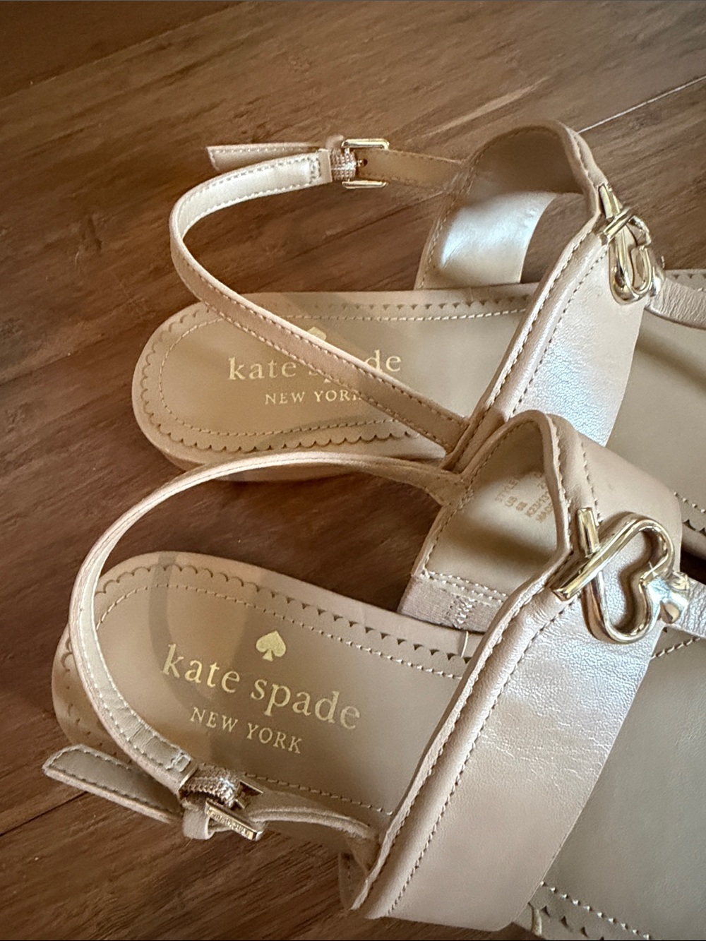 kate spade Blush Leather T-Strap Sandals with Gold Heart Spade Accent - Picture 2 of 4